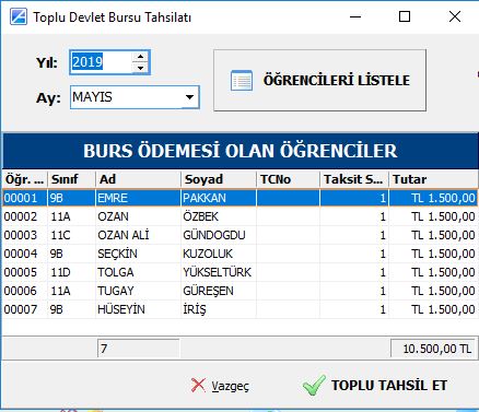 TOPLU DEVLET BURSU TAHSİLATI