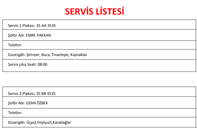 SERVİS LİSTESİ